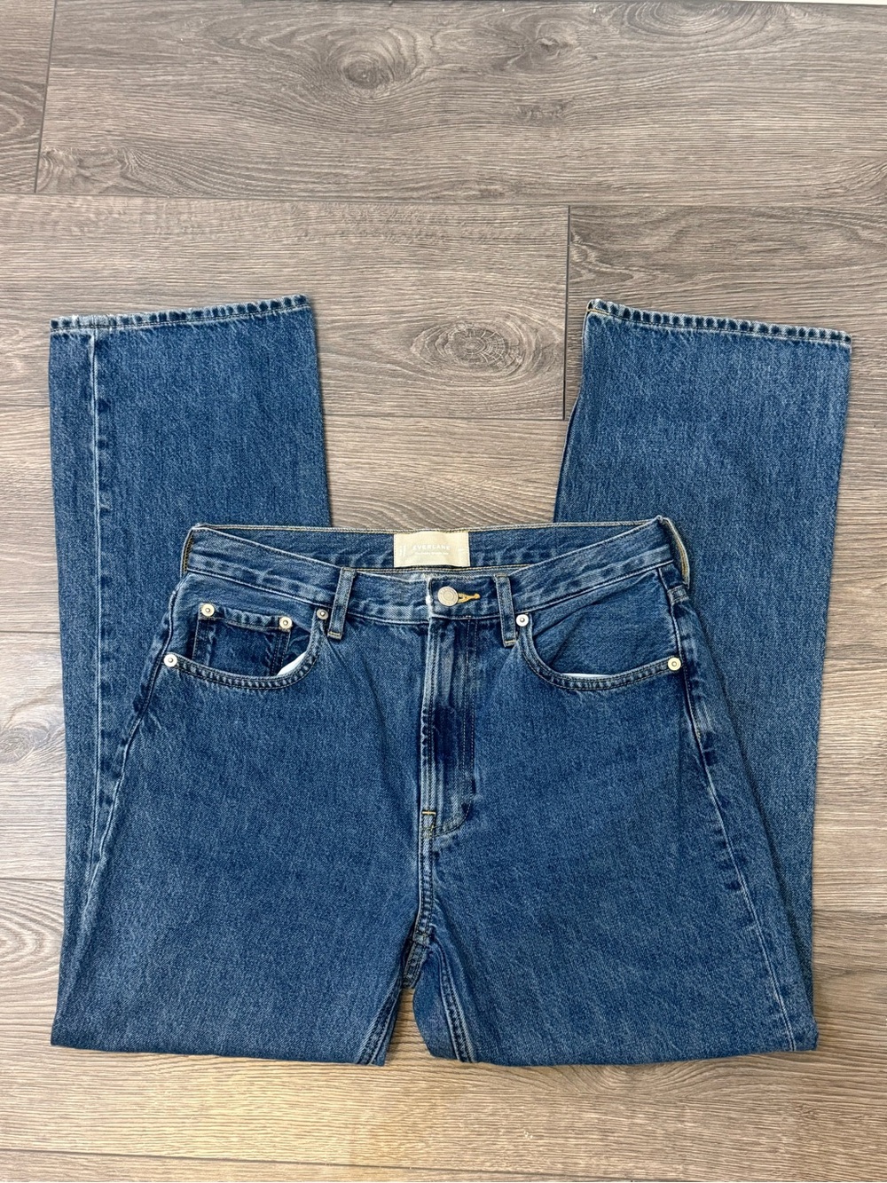Everlane The Cheeky Straight Jean in a classic medium/dark blue denim wash.